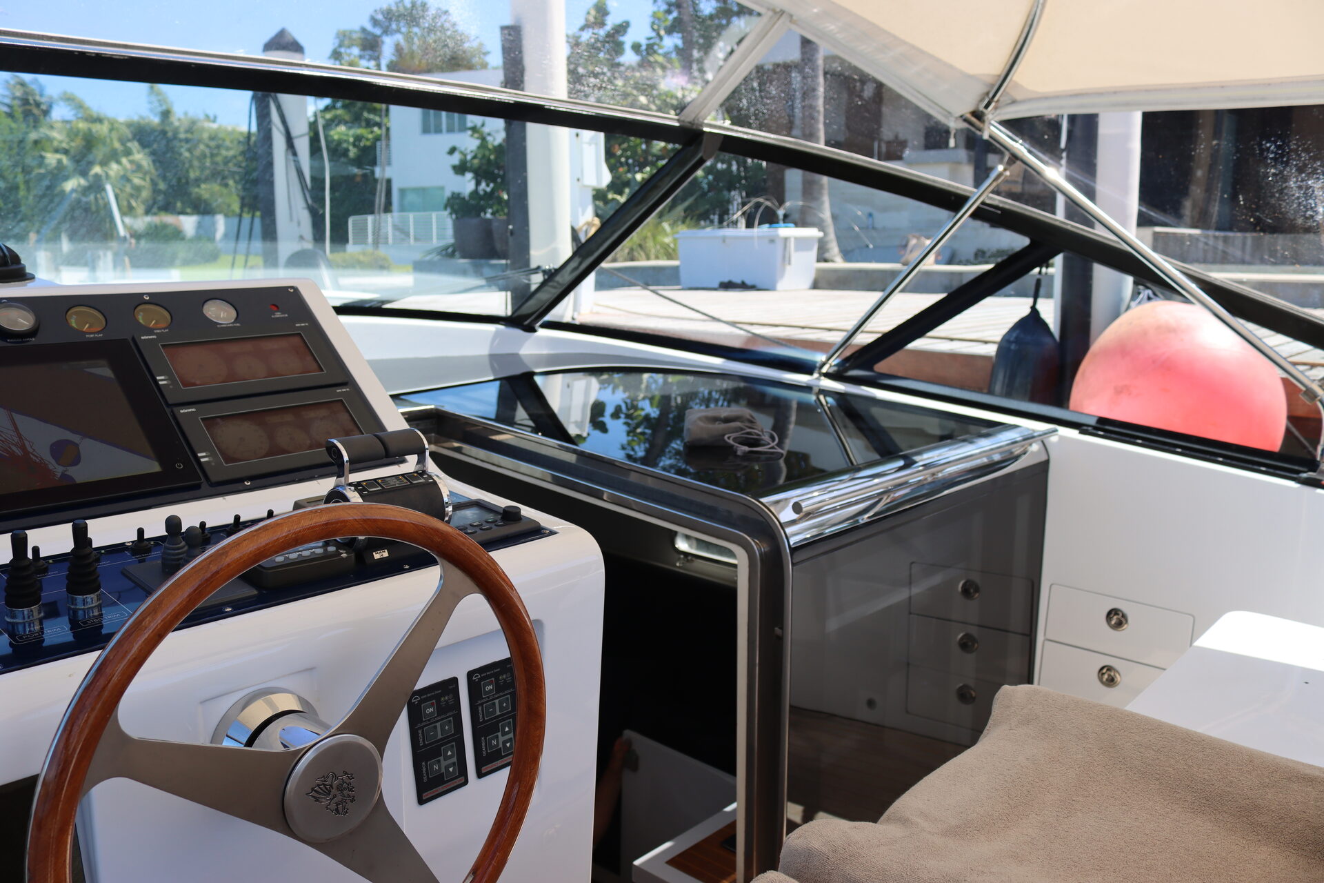 Lower salon with leather sofa and galley